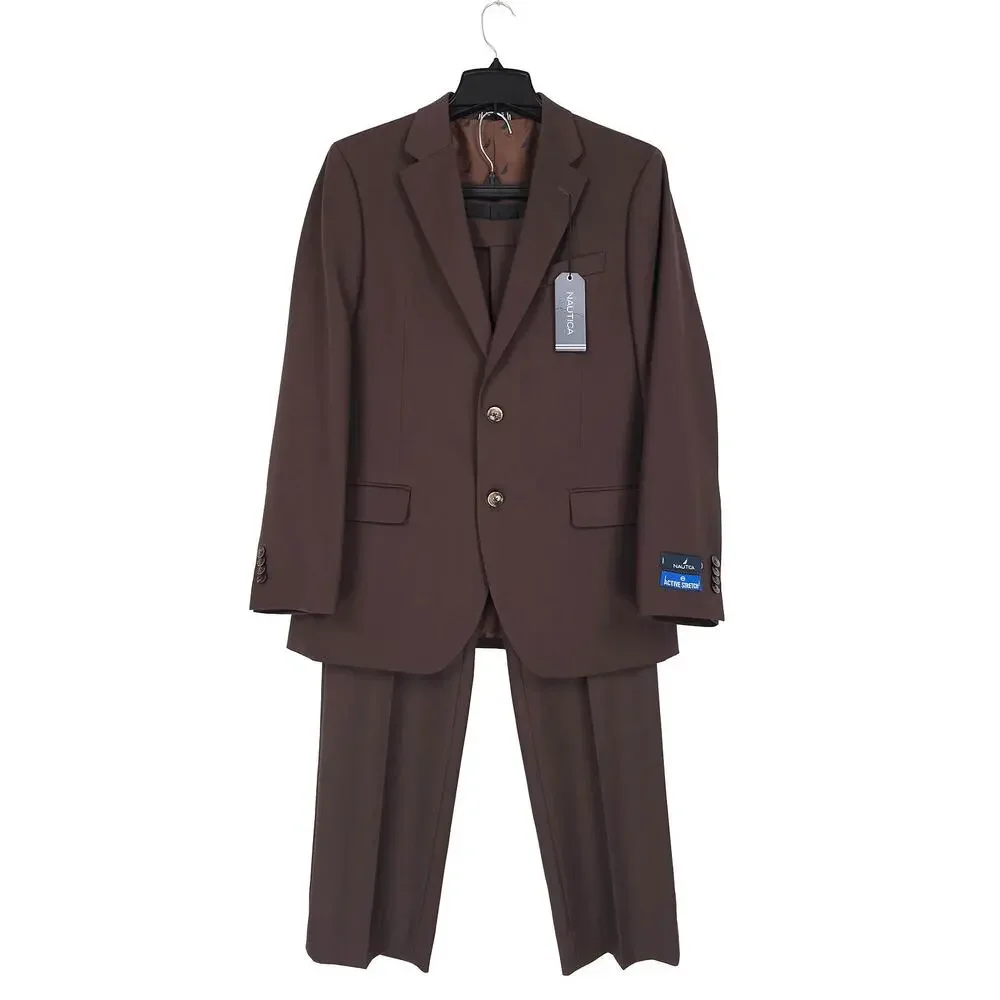 Nautica Mens Modern Fit 2 Piece Suit 40S 34W Brown Solid Stretch NWT